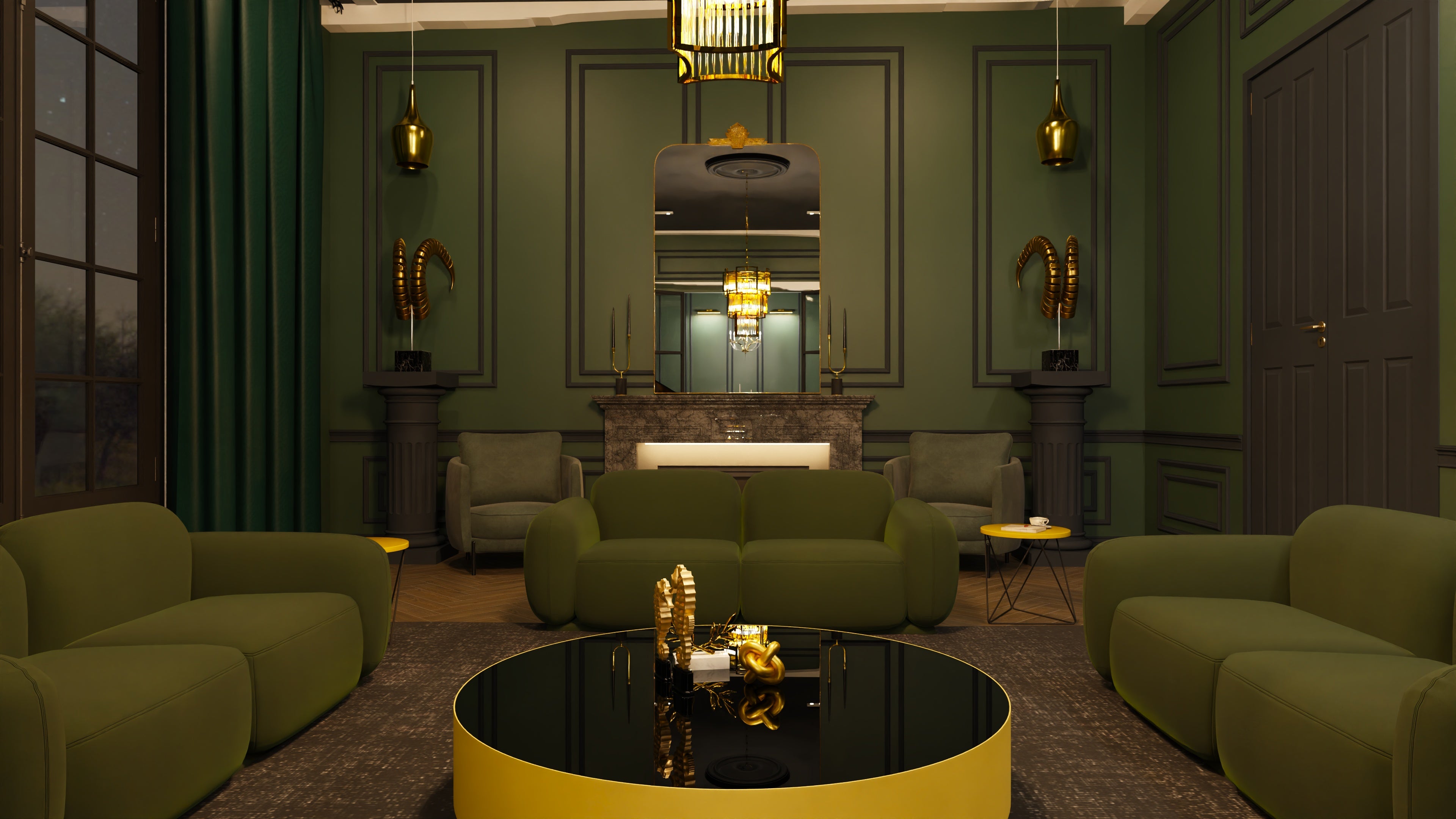 Luxurious interior with green sofas, a yellow coffee table, and decorative elements.