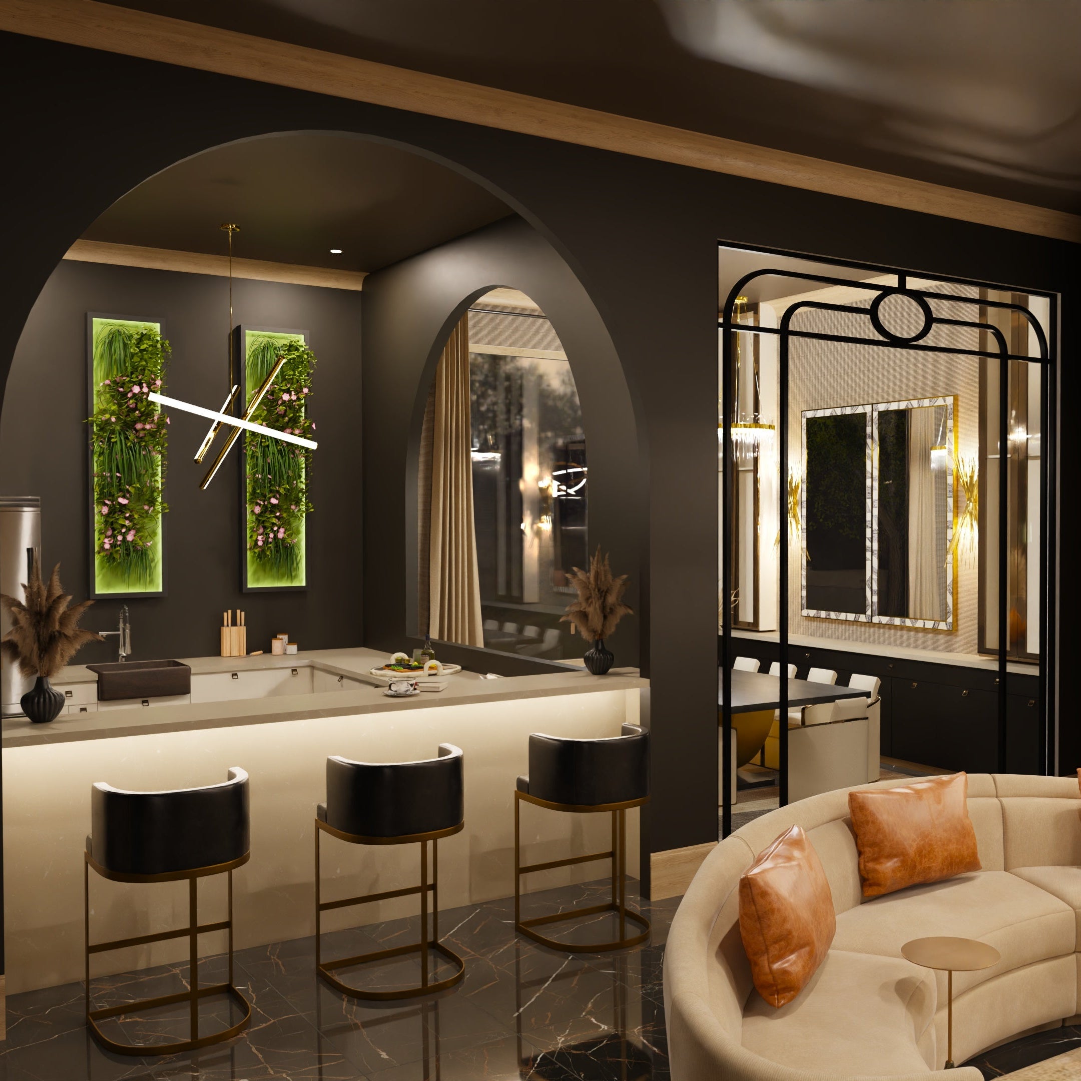 Modern living room with a sofa, coffee table, and decorative elements.