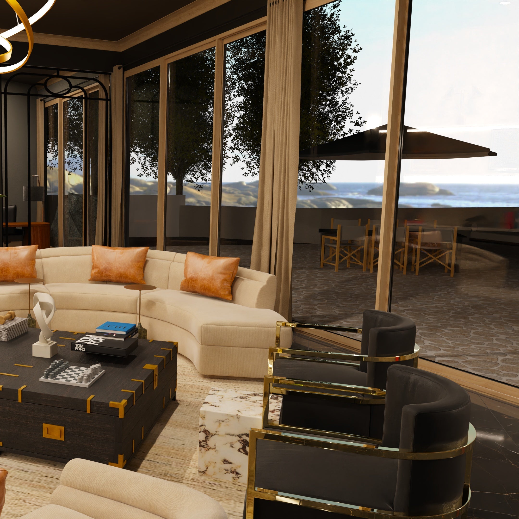 Modern living room with a fireplace, sectional sofa, and decorative items.