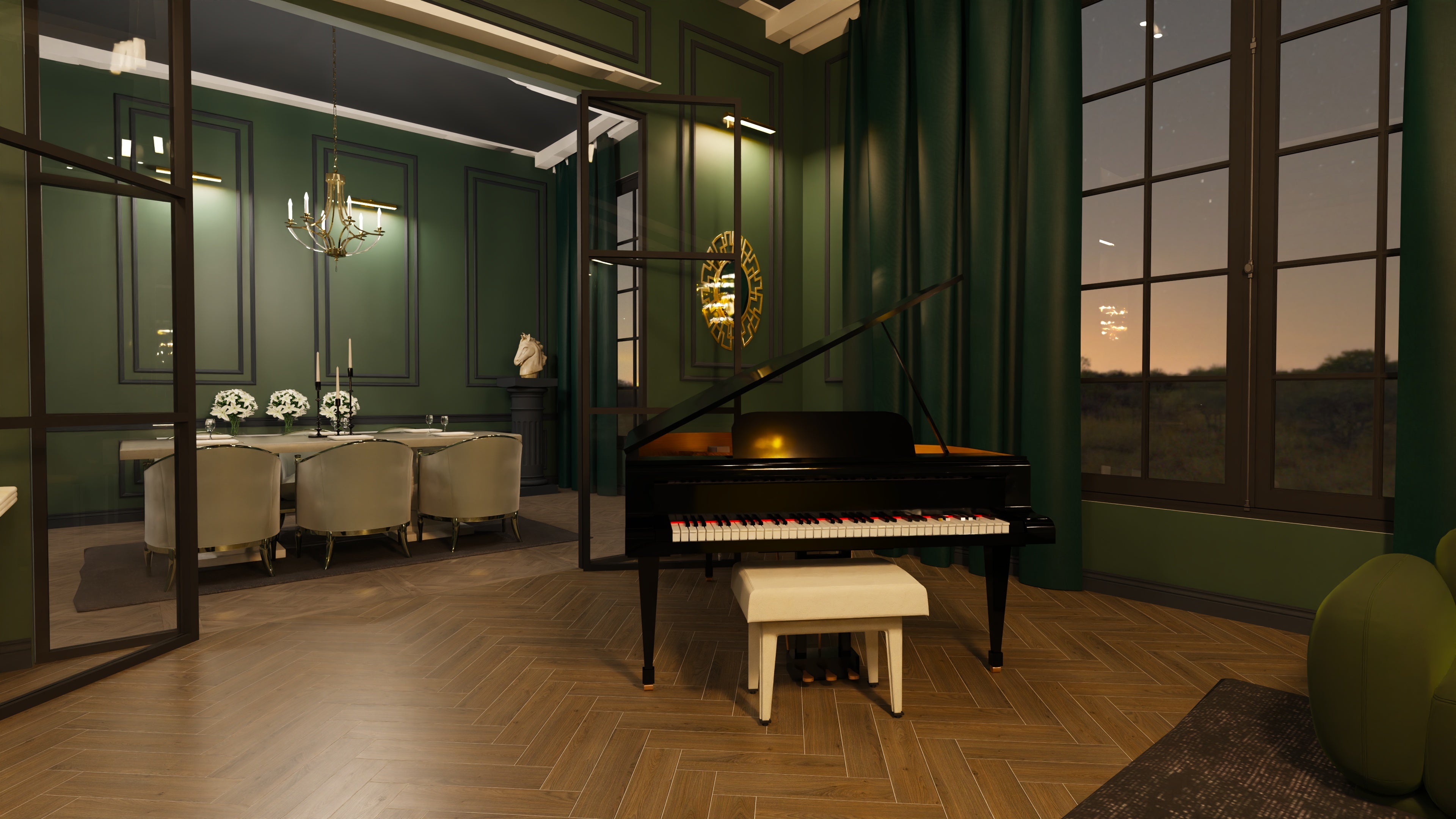 Grand piano in a room with green walls and large windows.