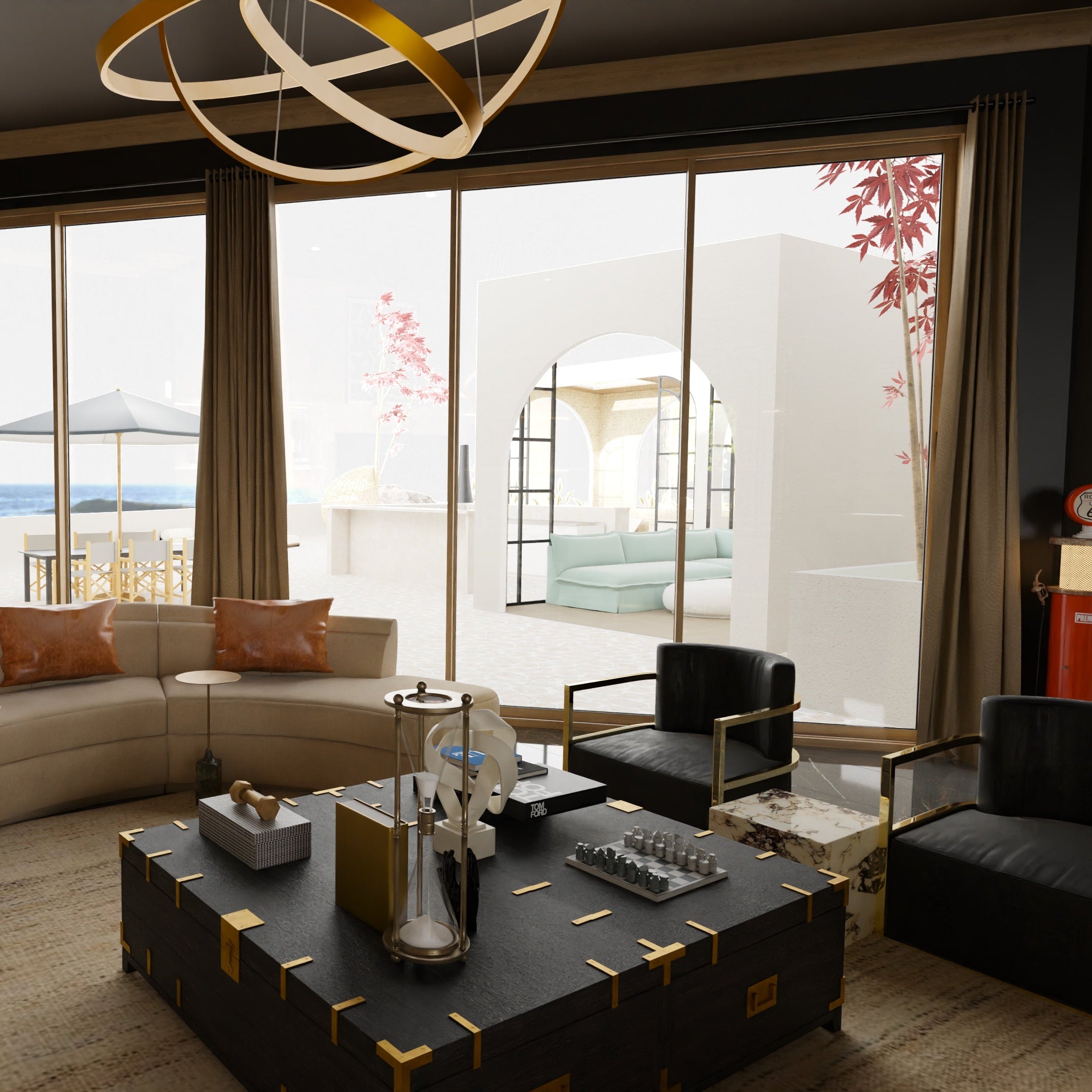 Modern living room with a large window view of a beach.