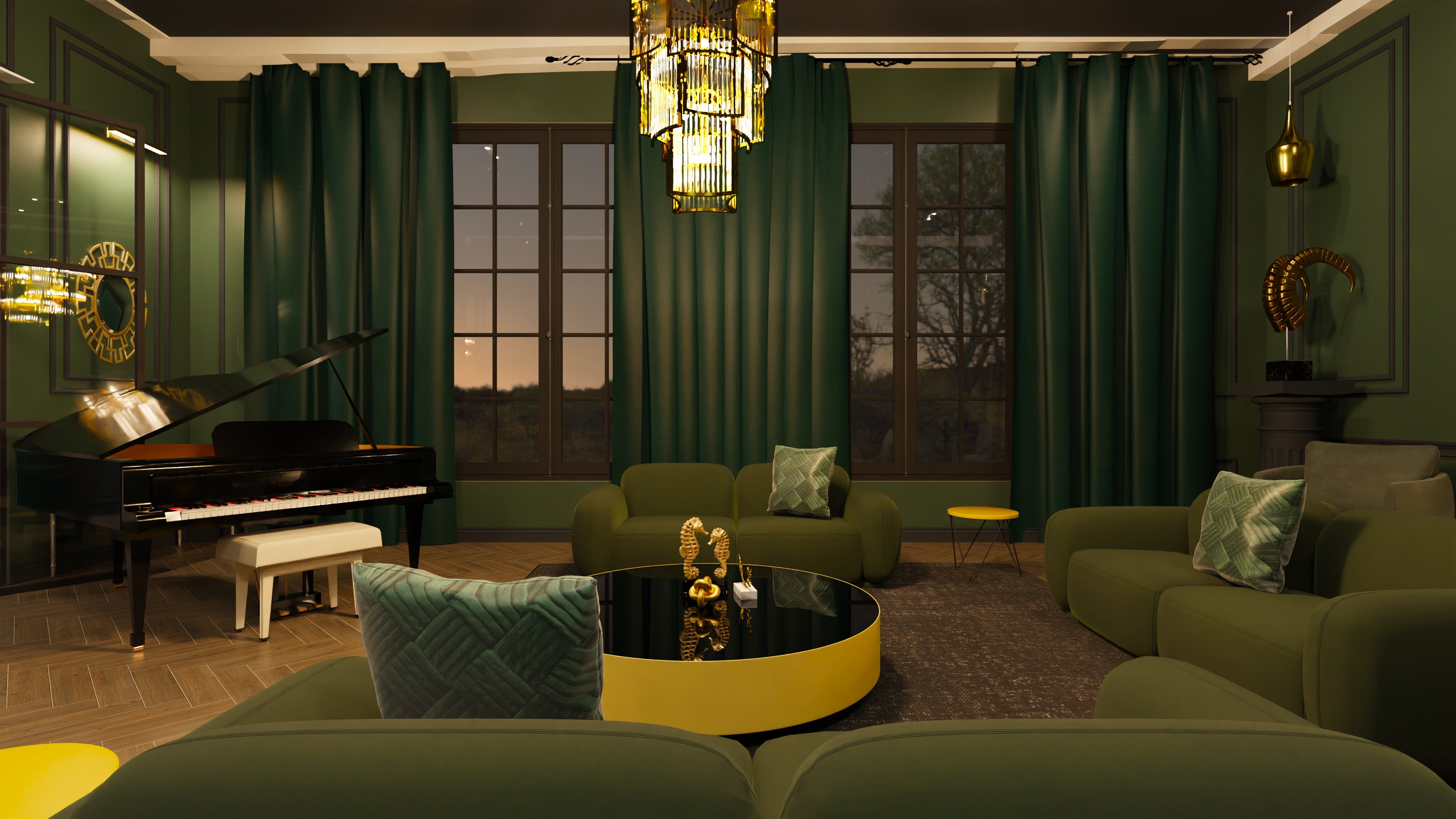 Luxurious living room with green sofas, a grand piano, and decorative elements.