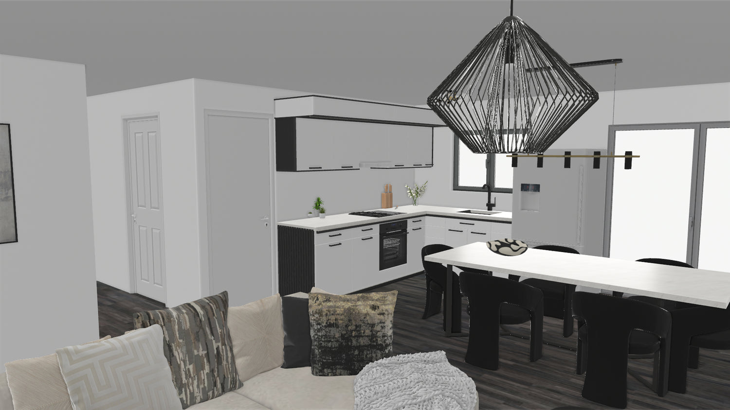 Modern kitchen and dining area with white cabinets, black and white accents, appliances, and a chandelier.