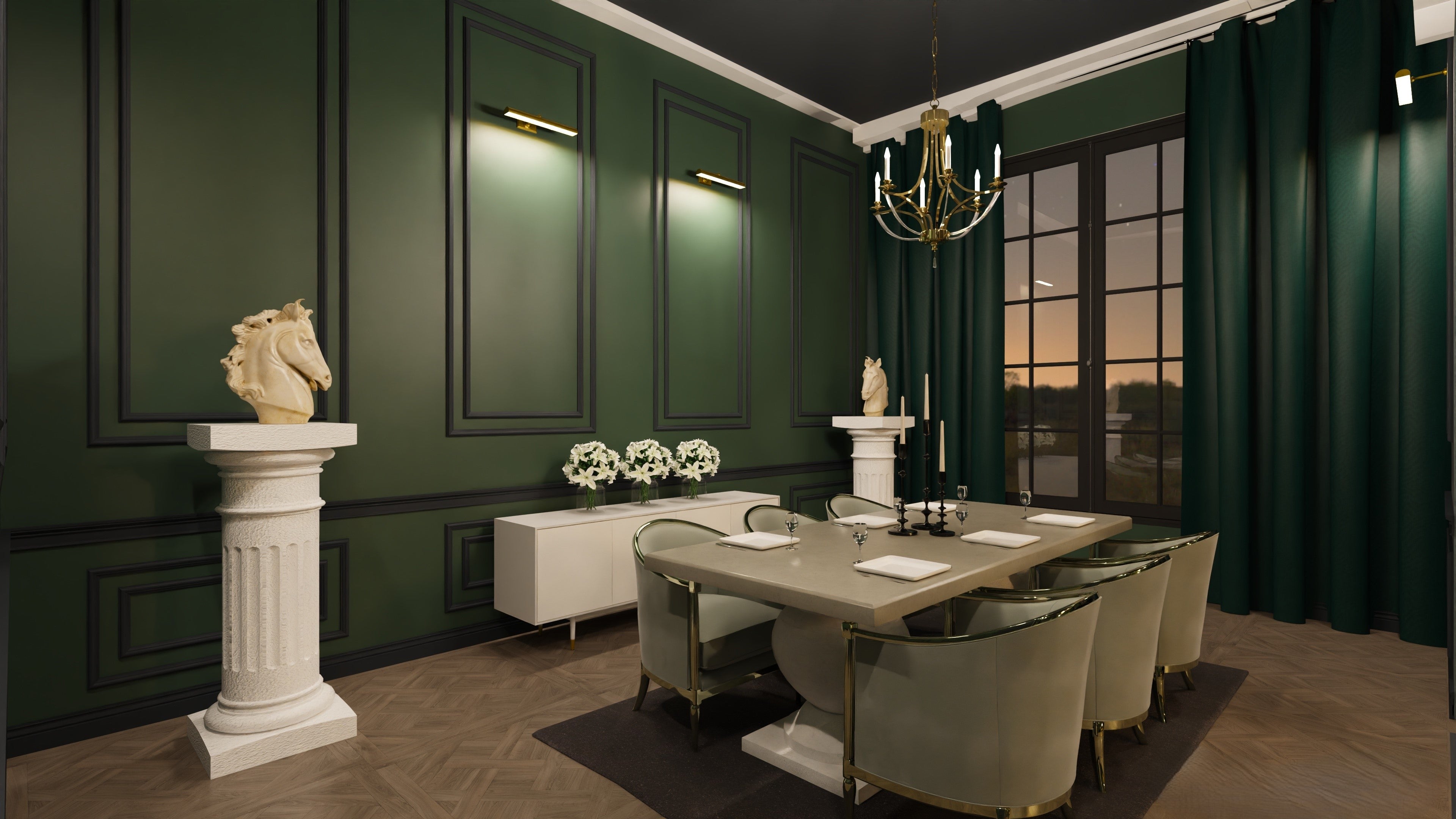 Elegant dining room with green walls, a chandelier, and a large window. 