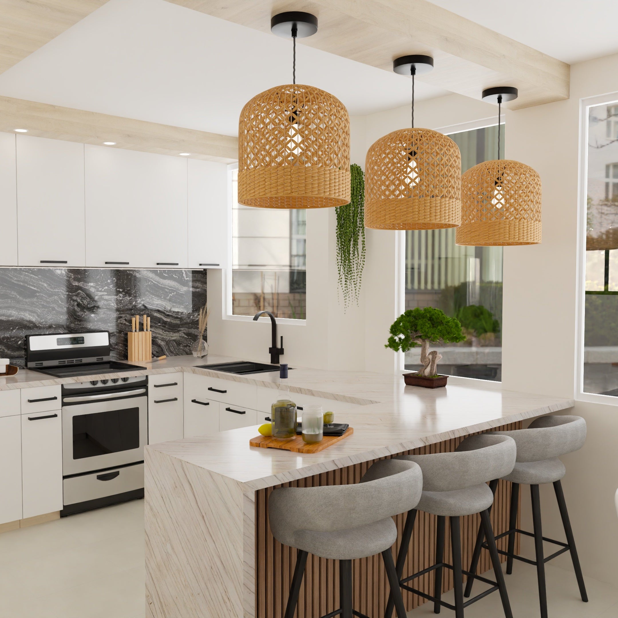 Modern kitchen with white cabinets, stainless steel appliances, and a breakfast bar.