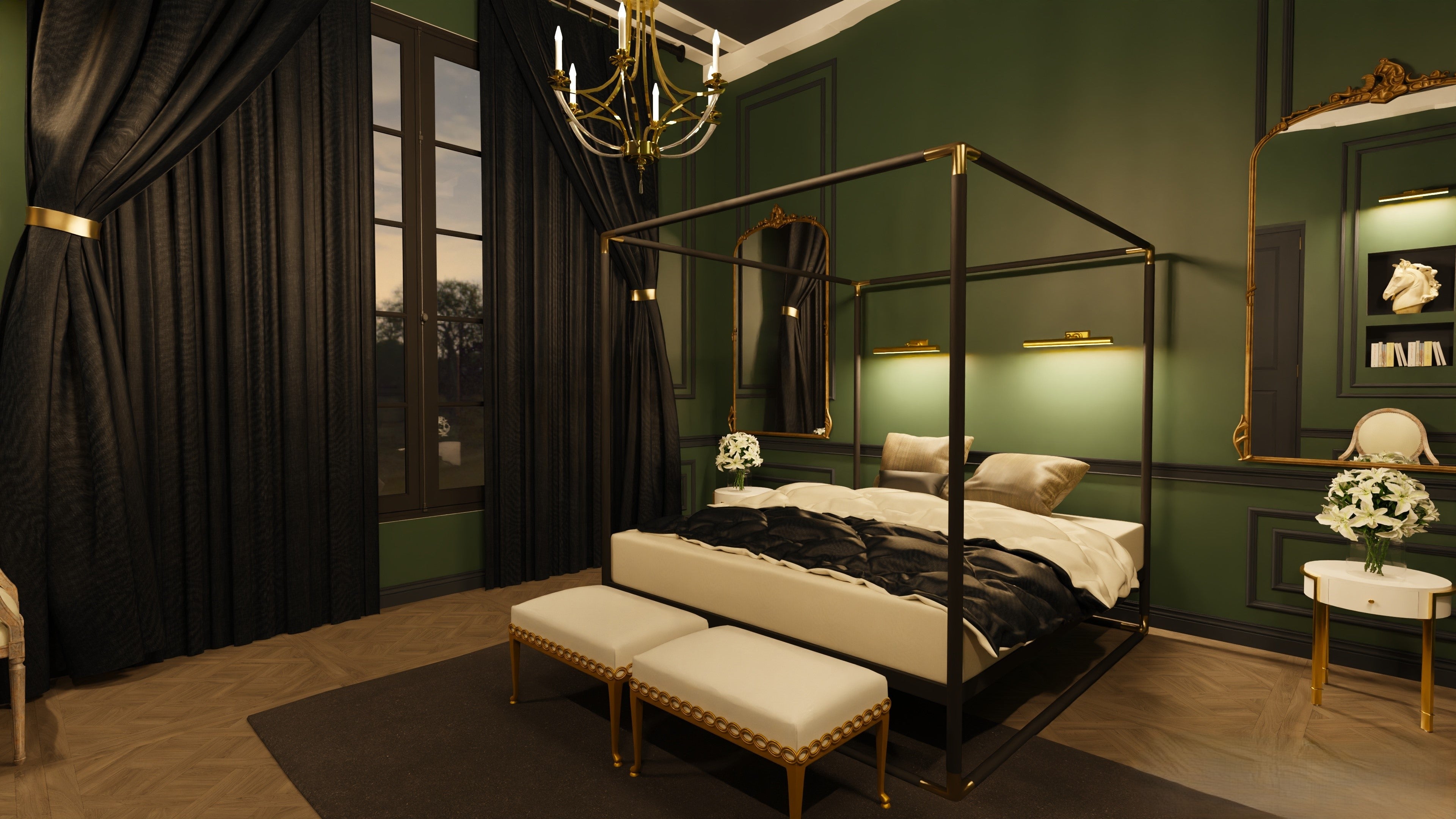 Luxurious bedroom (master bedroom) with green walls, metallic Gold accents a canopy bed, and elegant decor.