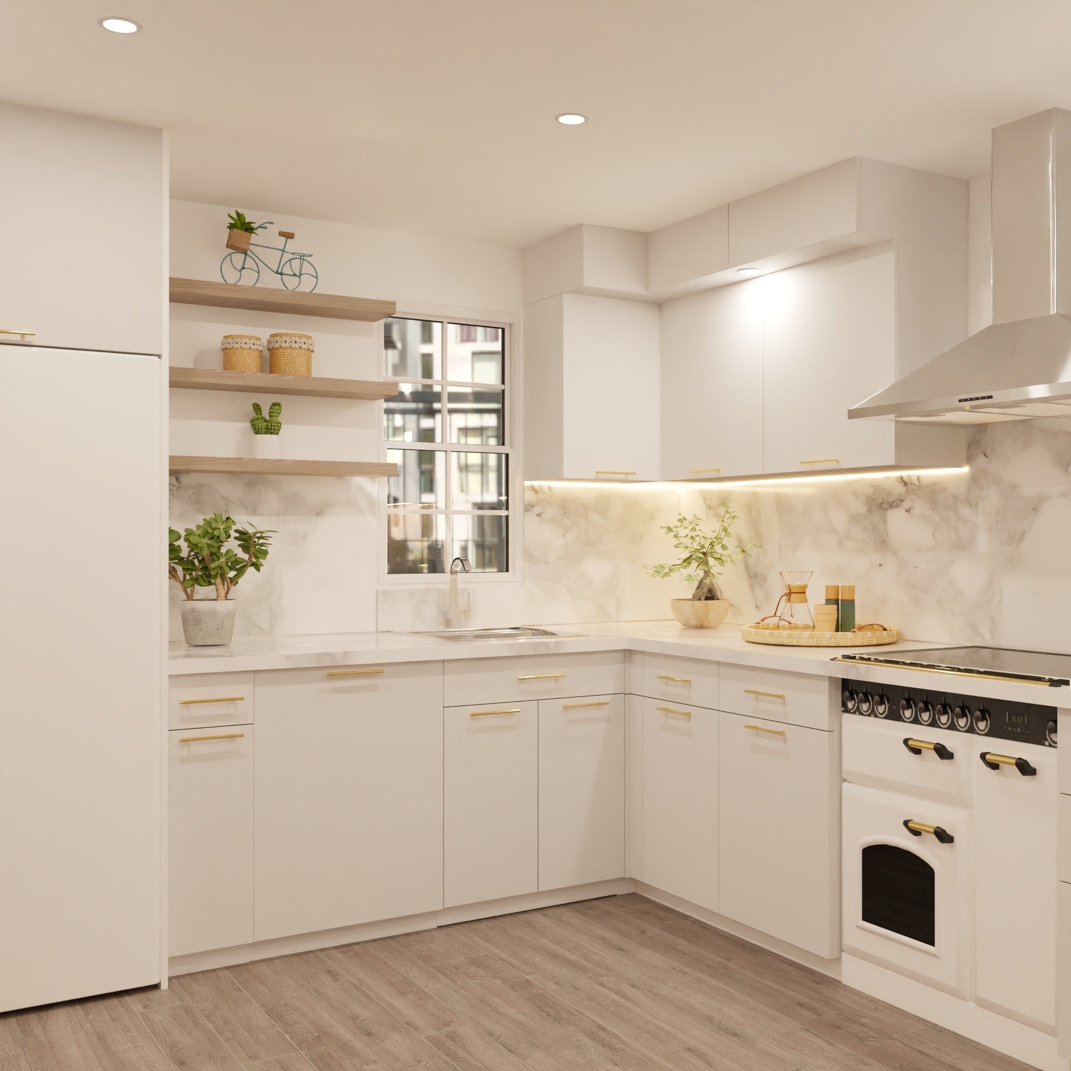 Modern kitchen with white cabinets, marble countertops, and stainless steel appliances.