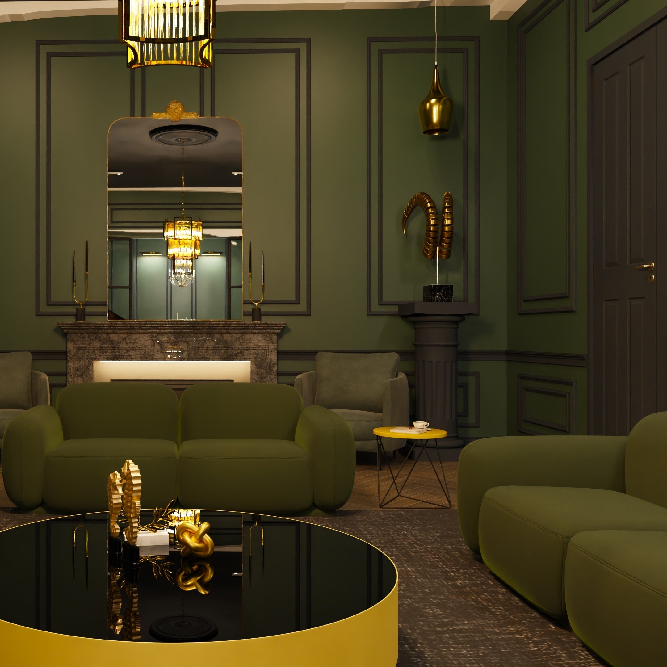 Luxurious interior with green sofas, a yellow coffee table, and decorative elements.