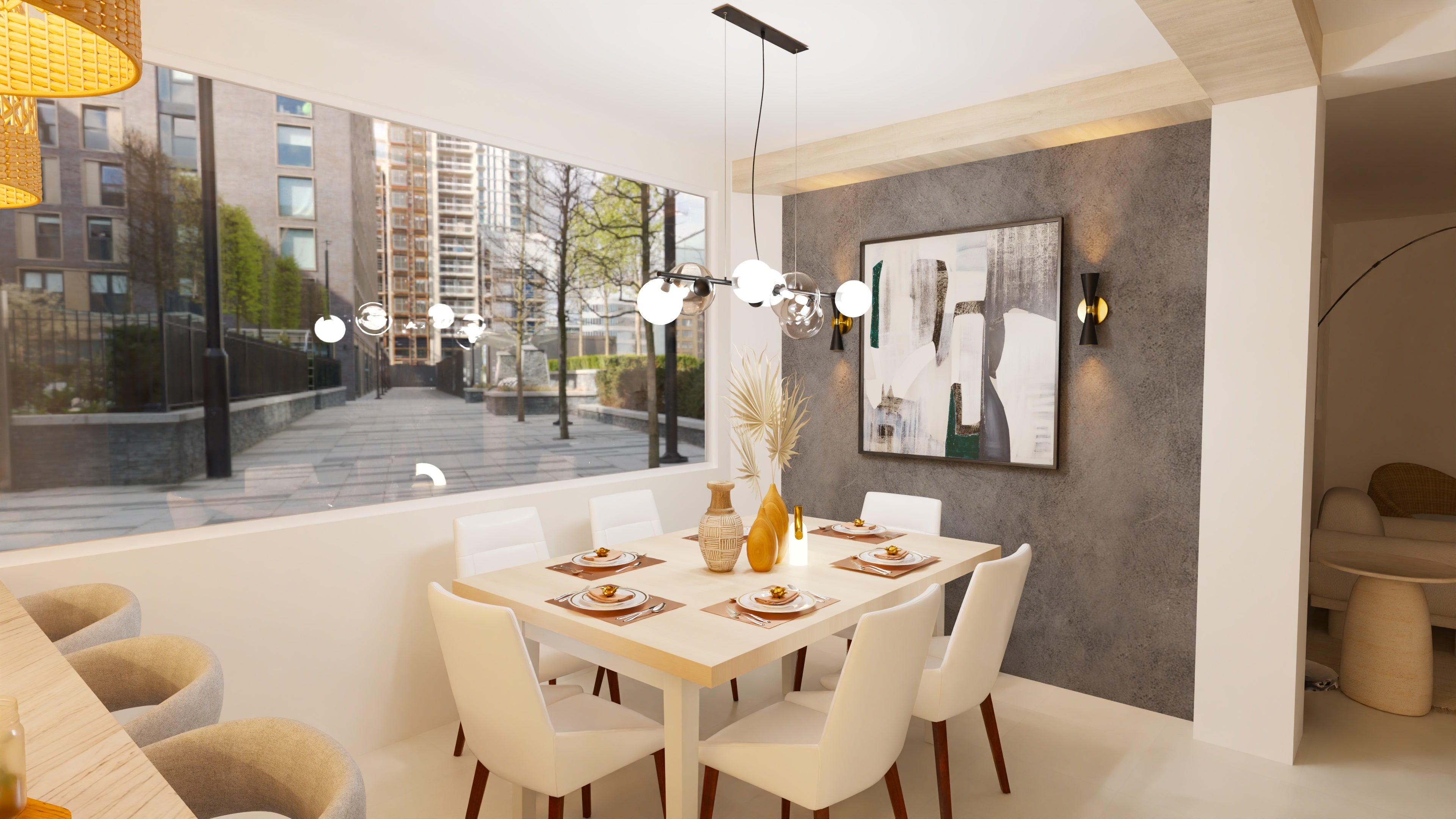 Modern dining area white and beige accents with a table and chairs in a stylish interior setting.