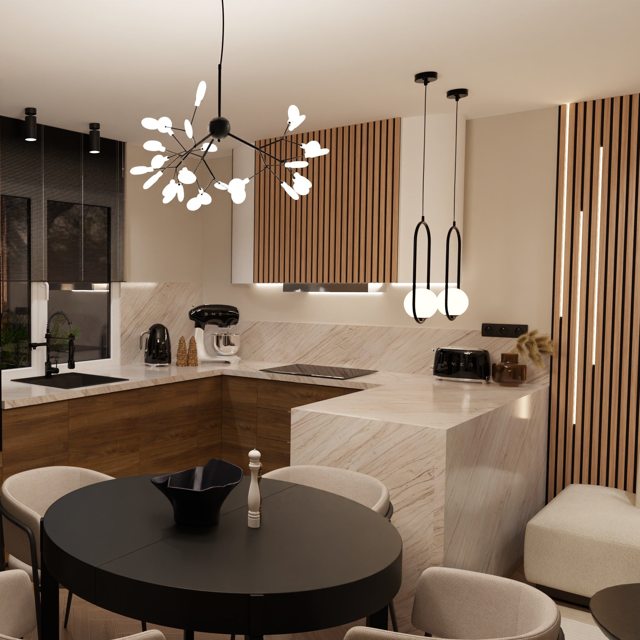 Modern kitchen with wooden cabinets, black appliances, and a round dining table.