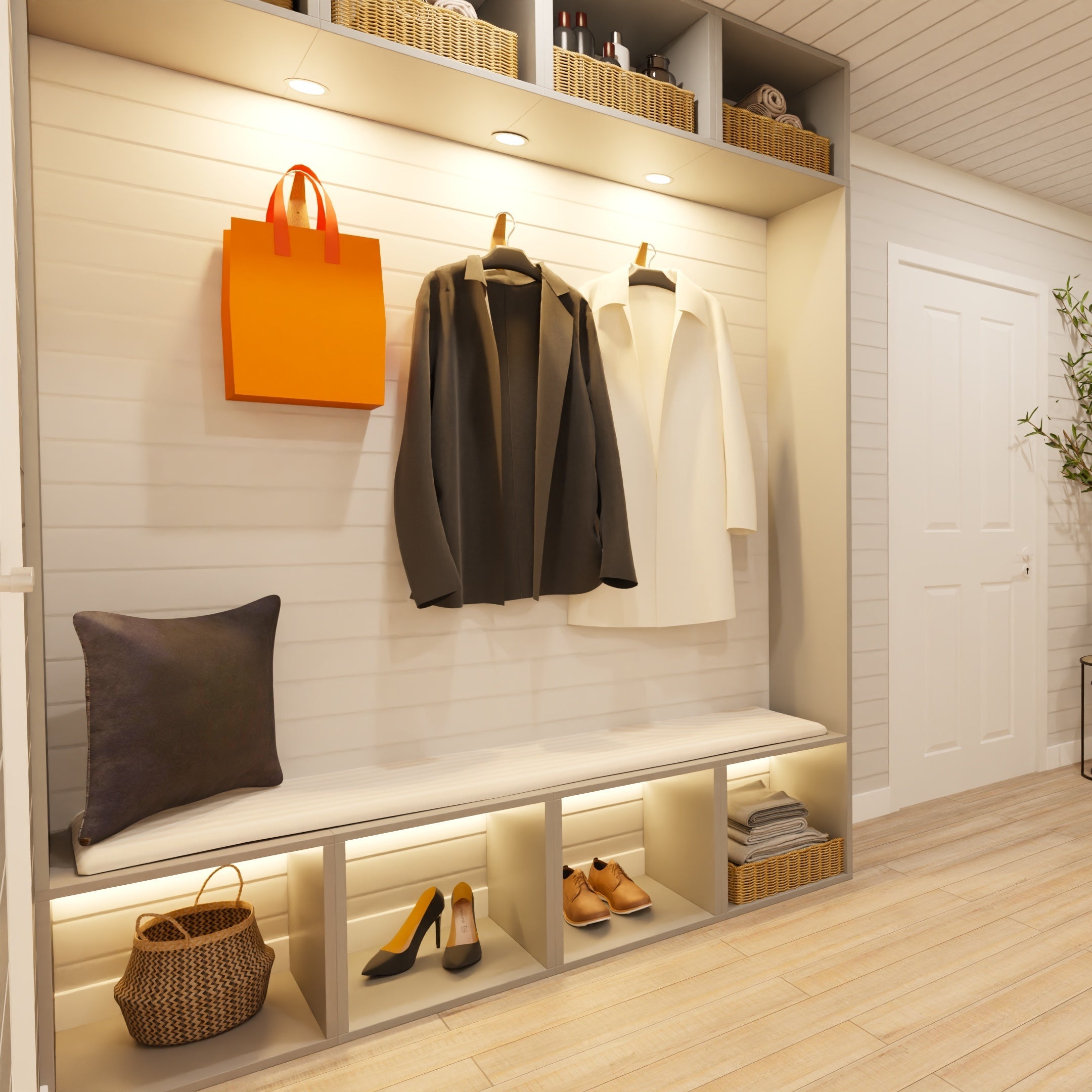 Modern entryway with coat rack, seating area, and decorative elements.