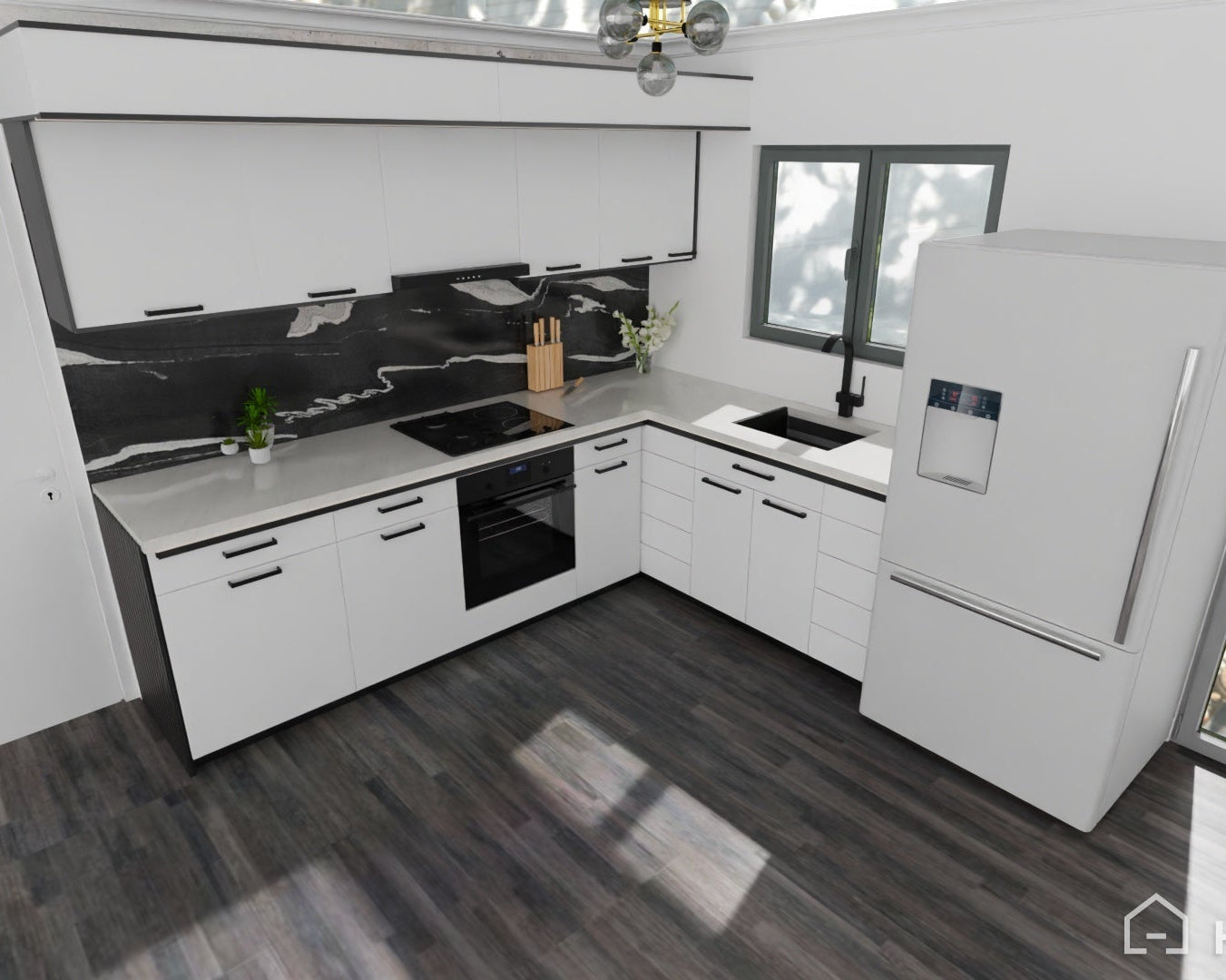 Modern kitchen with white cabinets, black countertops, and stainless steel appliances.