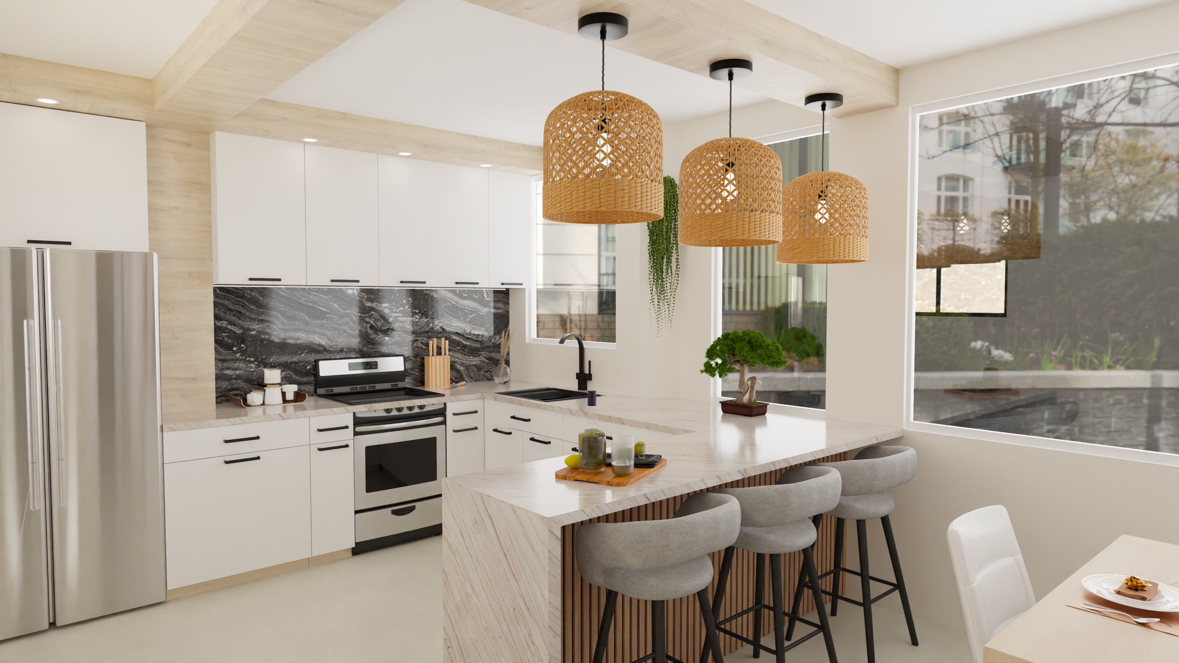 Urban Sanctuary Retreat Modern kitchen with white cabinets, stainless steel appliances, and a breakfast bar island 