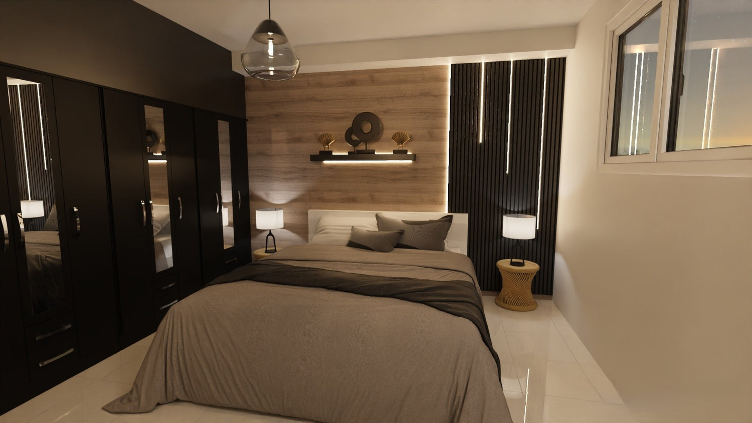 Modern bedroom beige and black accents with a queen bed, nightstands, and a large mirror. 