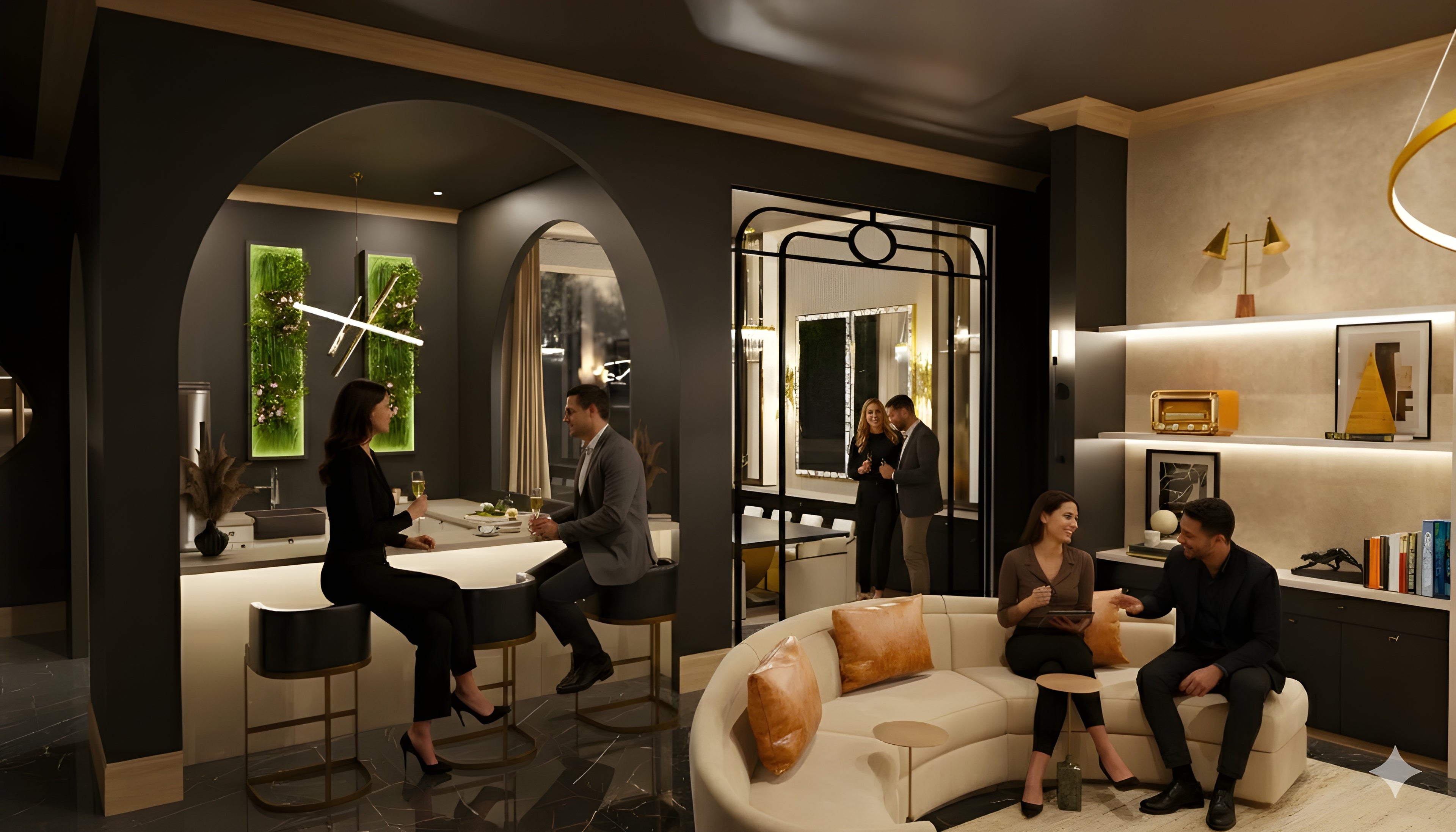 Load video: We created contrast through structured furniture, strong silhouettes, and natural textures. Large openings and layered lighting enhanced spatial depth and visual impact.