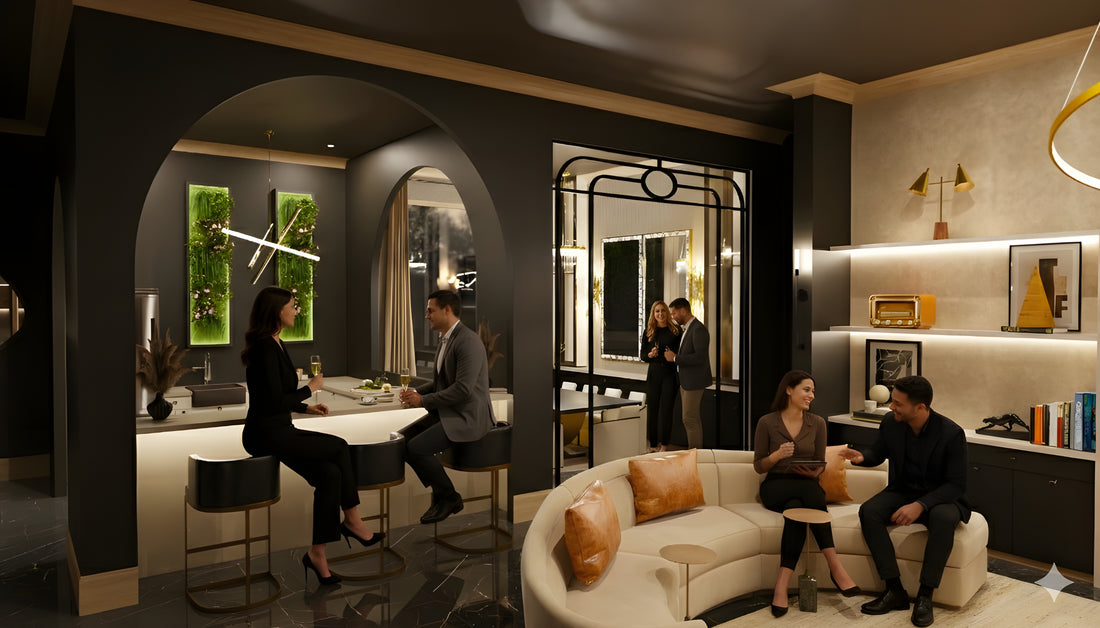 We created contrast through structured furniture, strong silhouettes, and natural textures. Large openings and layered lighting enhanced spatial depth and visual impact.