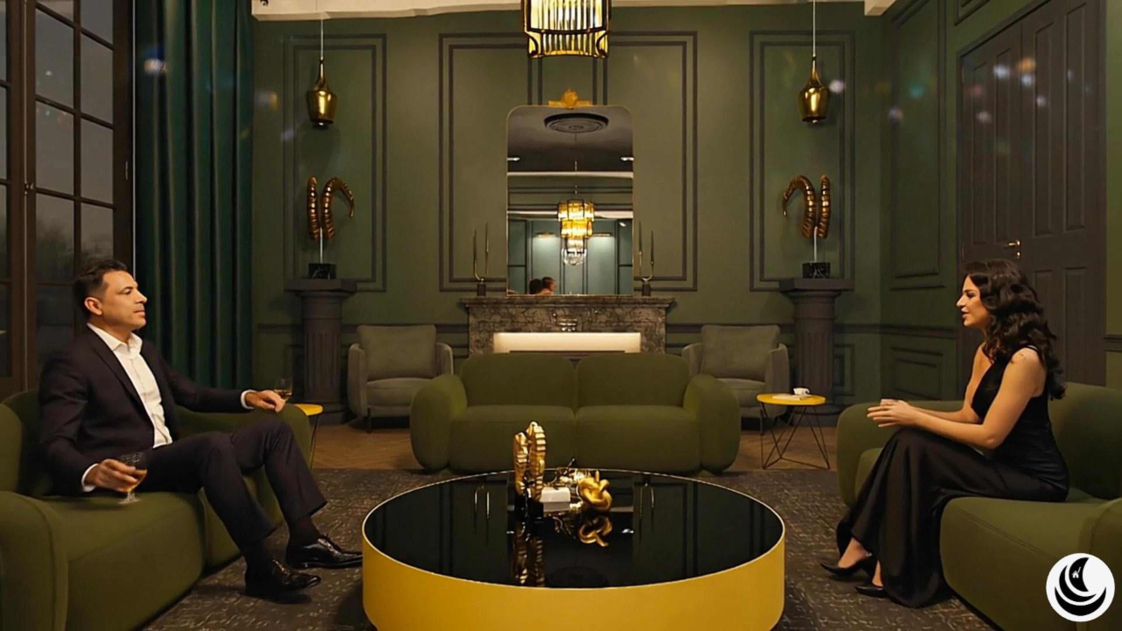 Load video: We paired bold green architectural walls with metallic gold accents and controlled lighting to create depth and elegance.